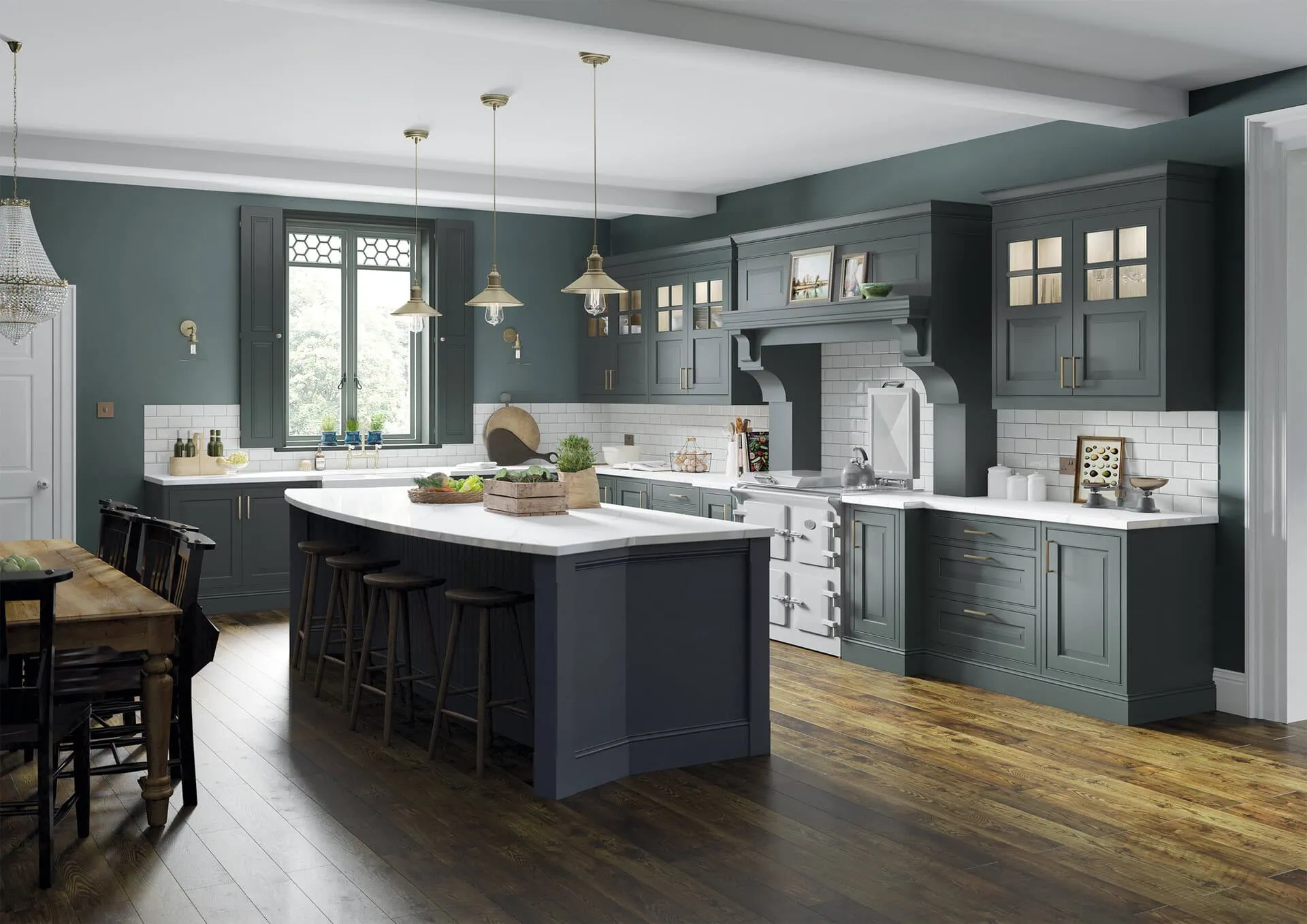 Bespoke Kitchens by Georgie Hall heritage green and slate blue kitchen with Aga range cooker, curved island and white metro tile splashback.